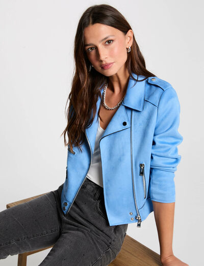 Chaqueta corta antelina azul mujer