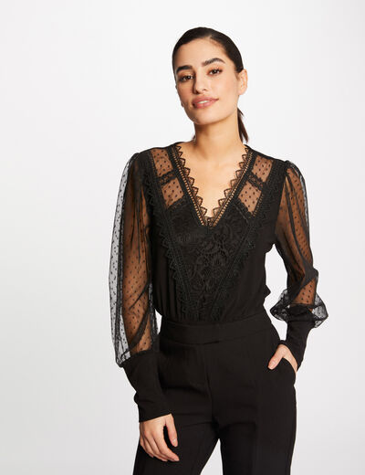 Camiseta manga larga con plumeti negro mujer