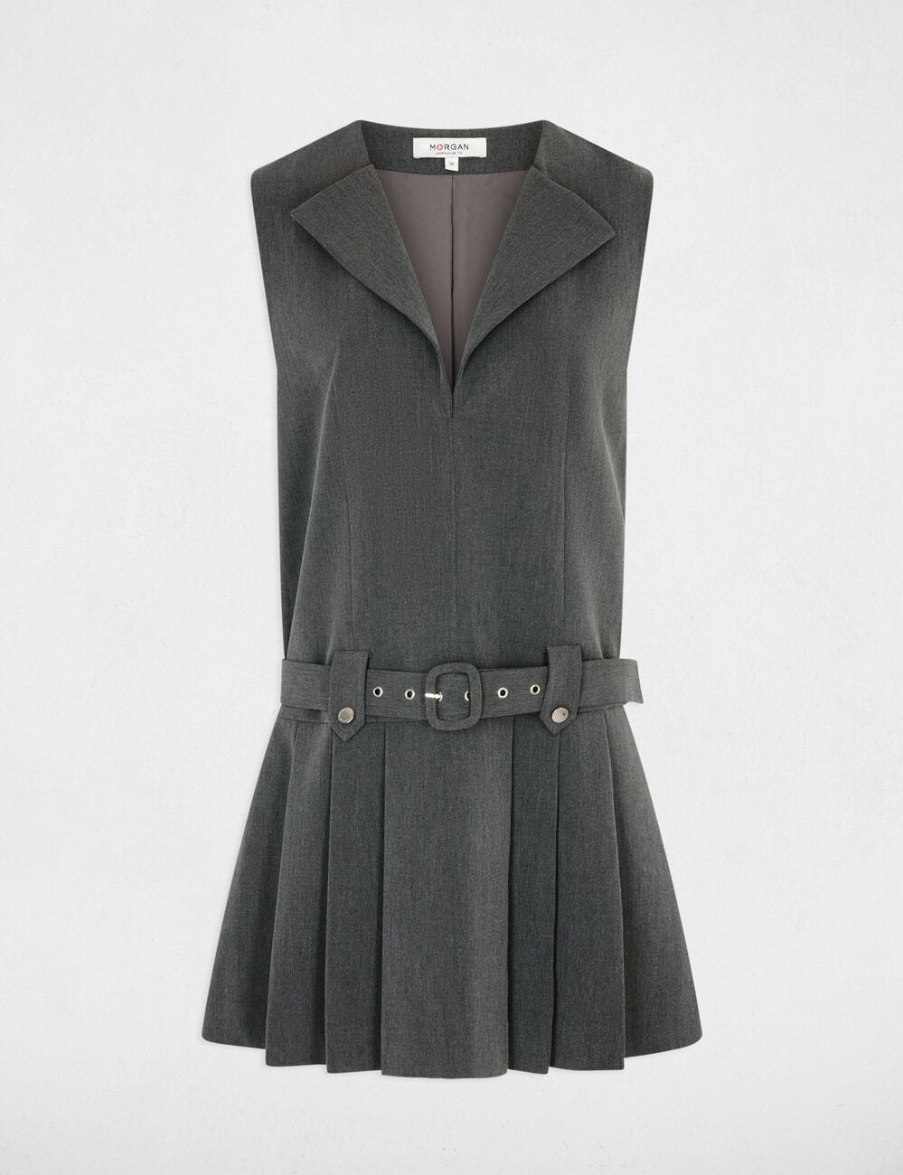Vestido con cintur&oacute;n y cuello en V gris moyen mujer