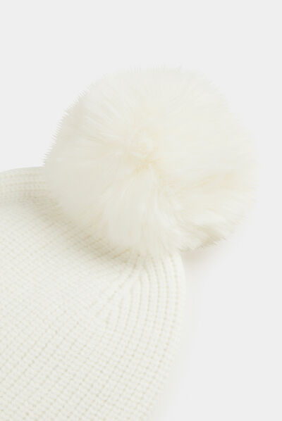 Gorro con strass y pompón beige mujer