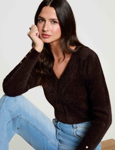Jersey cuello v mangas largas marr&oacute;n oscuro mujer