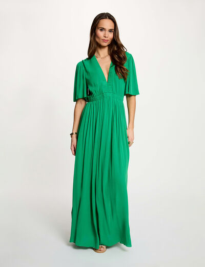 Vestido largo con cuello en V verde pradera mujer