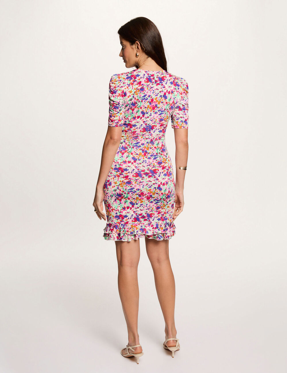 Vestido corto con mangas abullonadas multicolor mujer