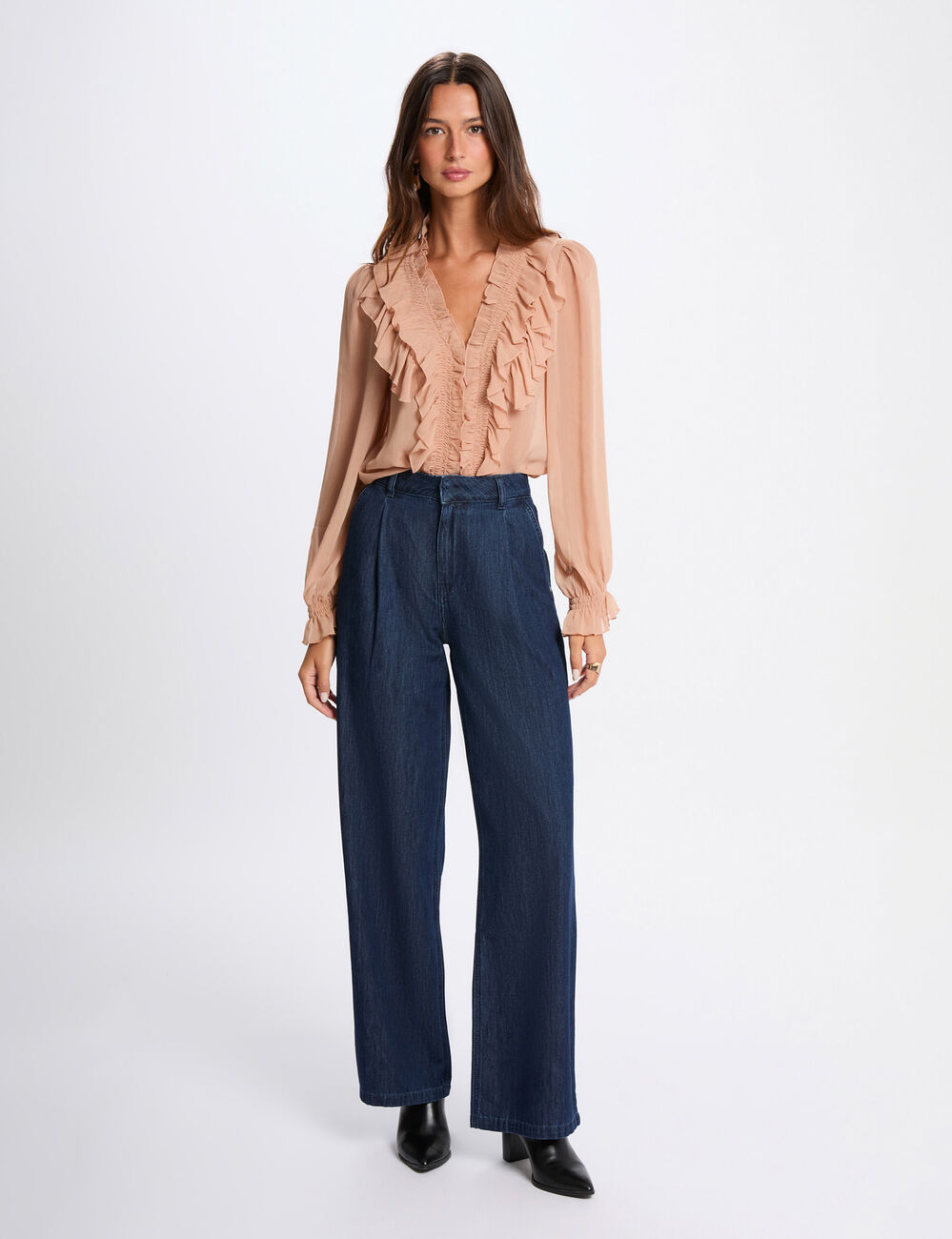 Camisa fluida con cuello en v rosa salm&oacute;n mujer