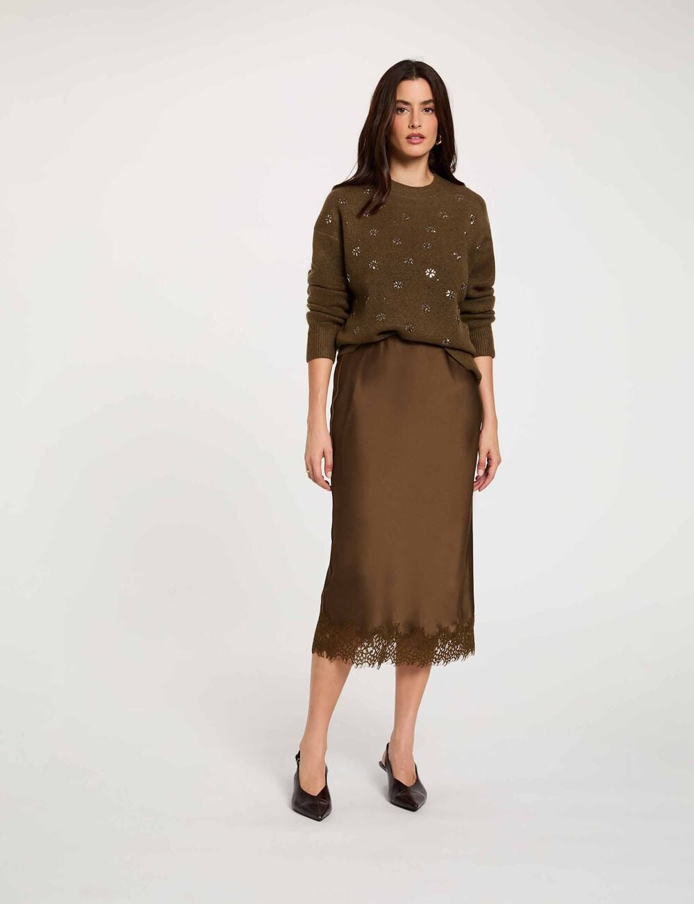 Jersey grueso con cuello redondo verde caqui mujer