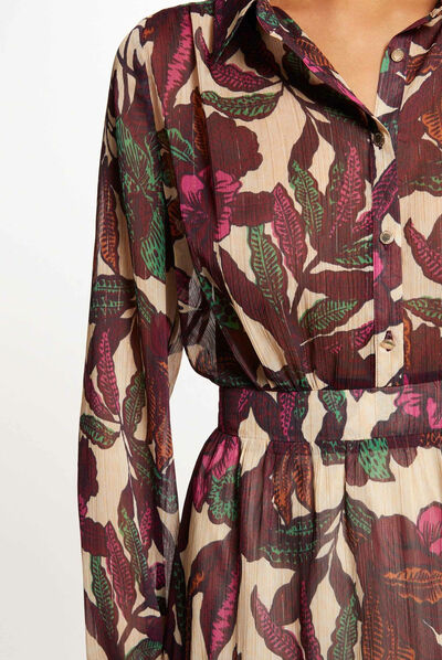 Vestido evasé estampado vegetal multicolor mujer