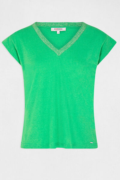 Camiseta manga corta con escote en V verde mujer