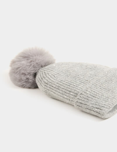 Gorro pompon y lentejuelas gris moyen mujer
