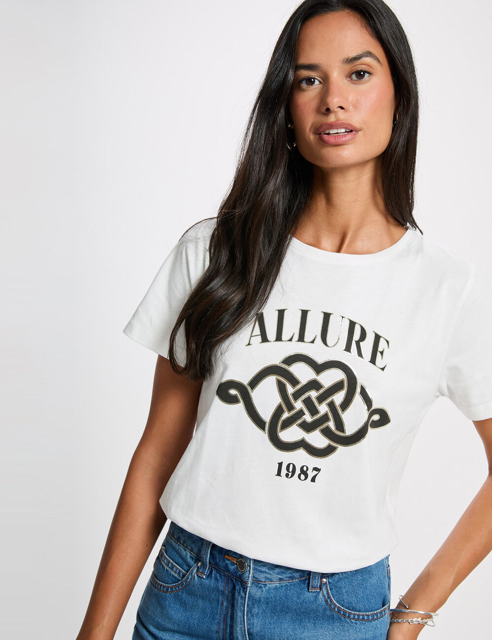 Camiseta estampada cuello redondo blanco mujer