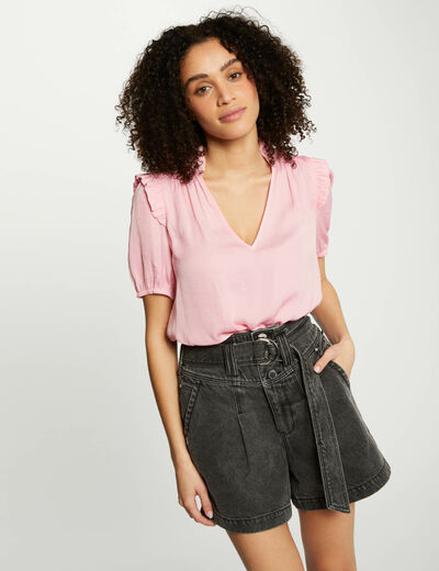 Blusa escote en V y volantes rosa medio mujer