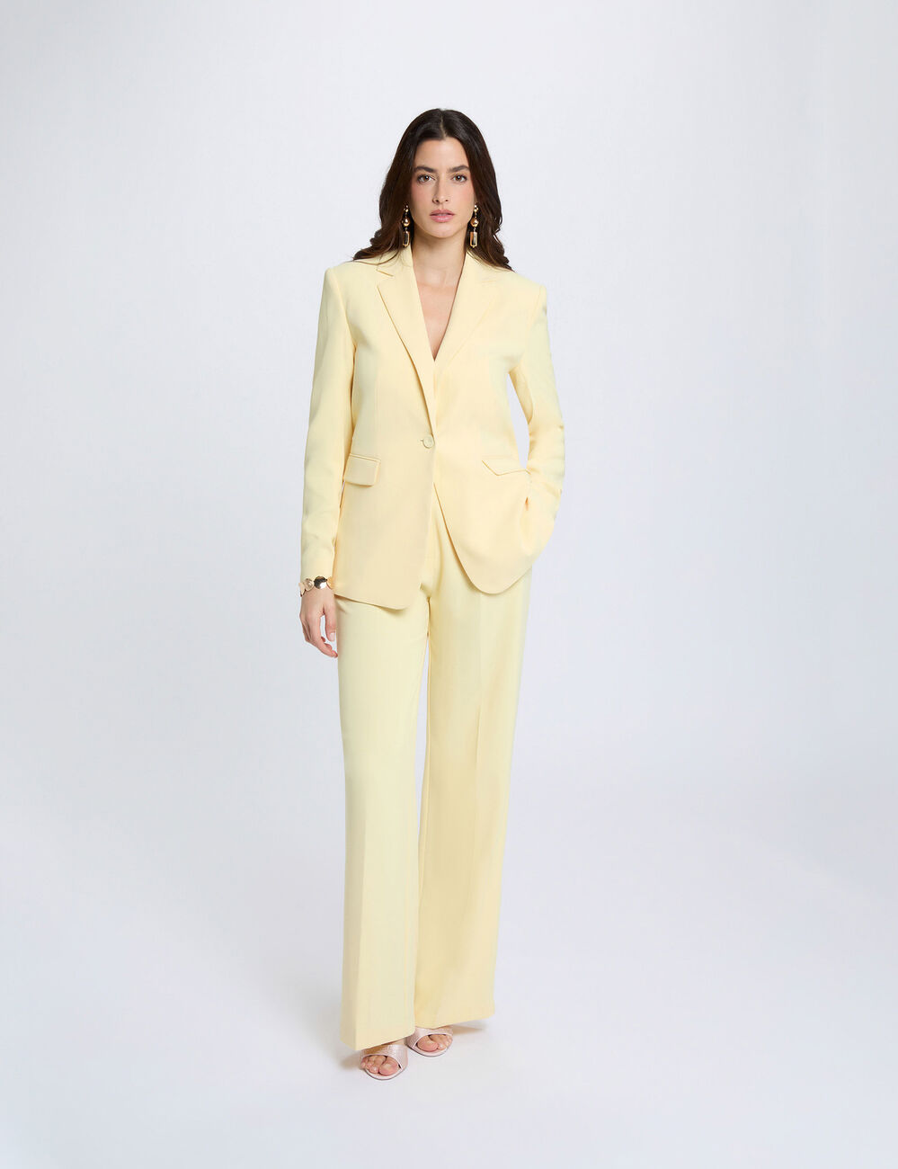 Pantal&oacute;n ancho de tiro alto amarillo claro mujer