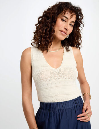 Top punto escote en V marfil mujer