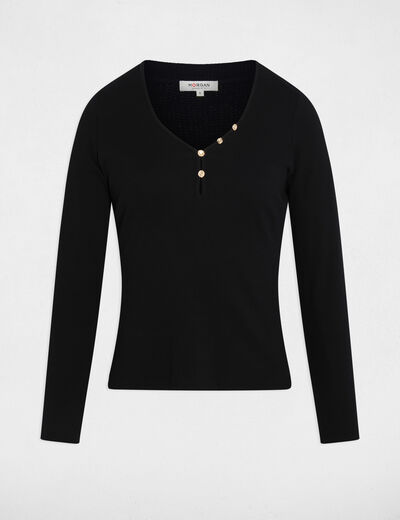 Camiseta con cuello coraz&oacute;n abotonado negro mujer
