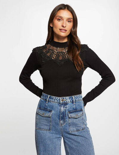 Jersey cuello alto encaje negro mujer
