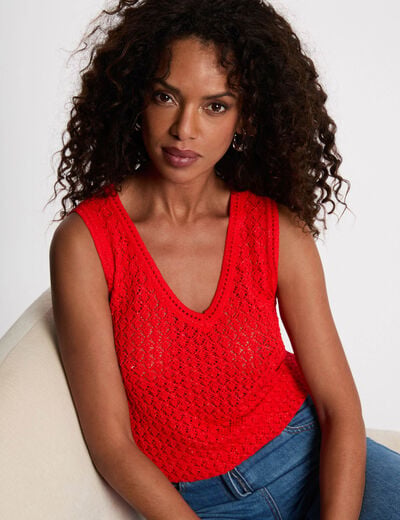 Top de crochet con cuello en v rojo vivo mujer