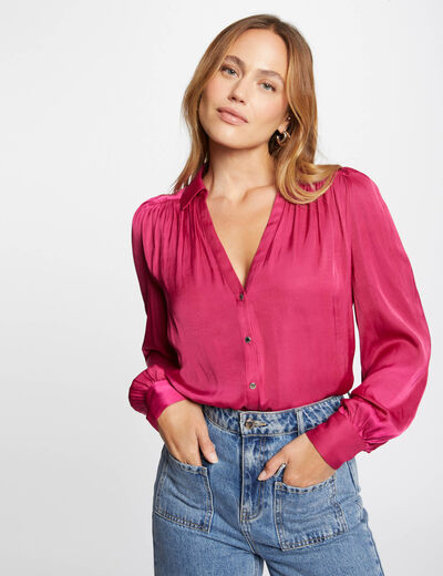 Camisa manga larga satinada rosa oscuro mujer