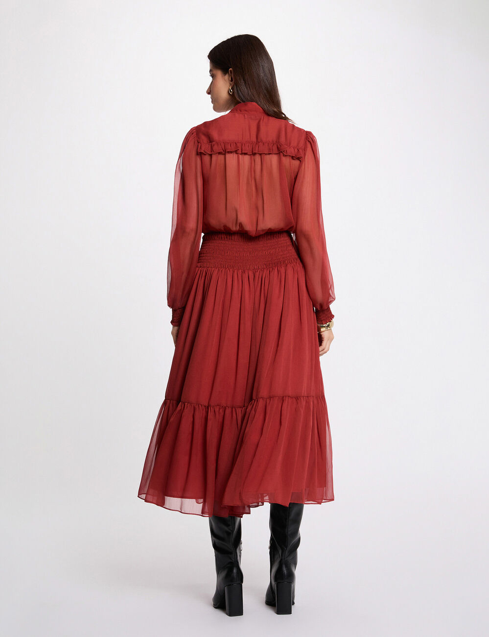 Vestido largo con cuello en v naranja oscuro mujer