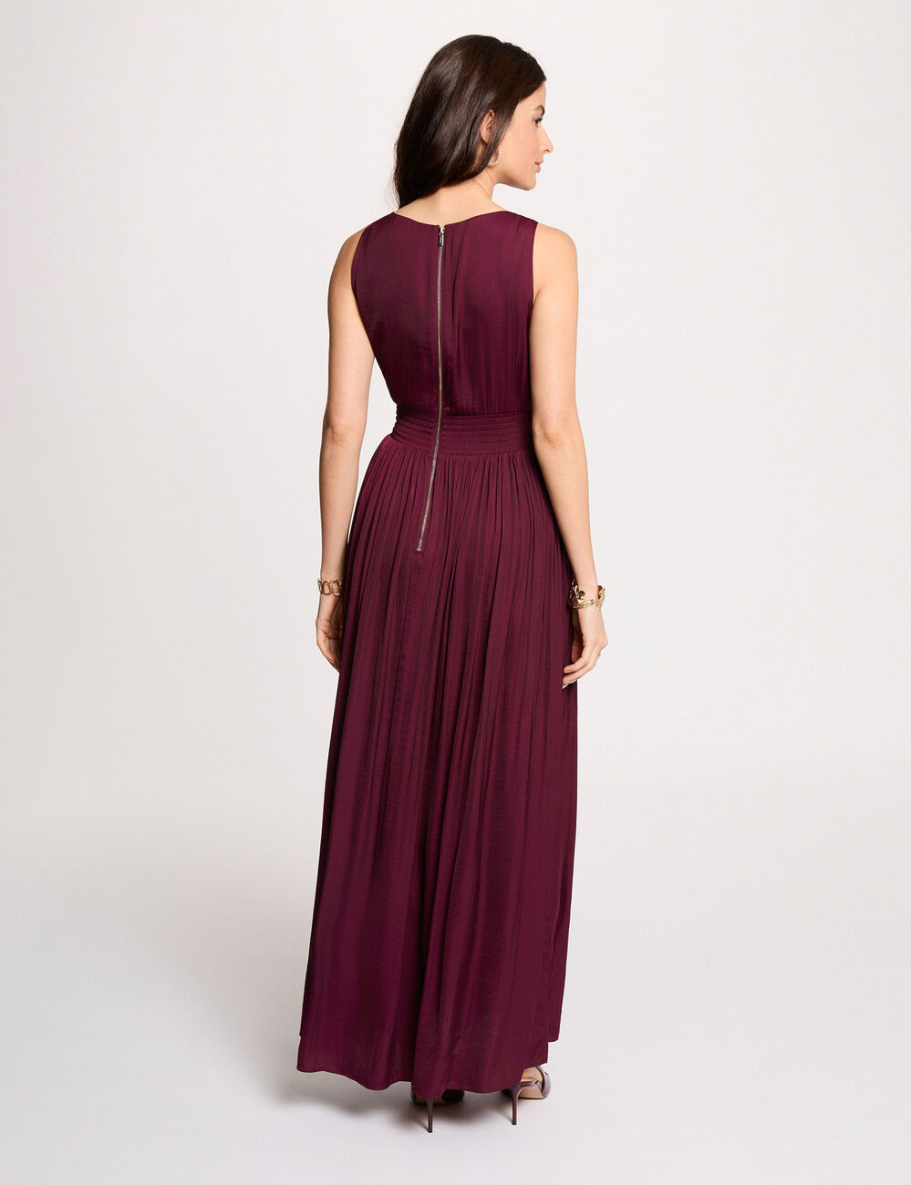 Vestido largo con cuello en V ciruela mujer