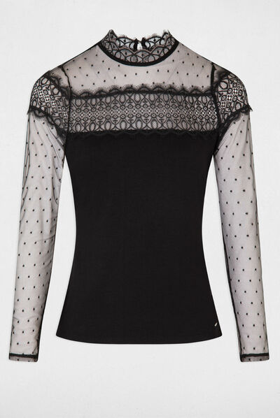 Camiseta manga larga con encaje negro mujer