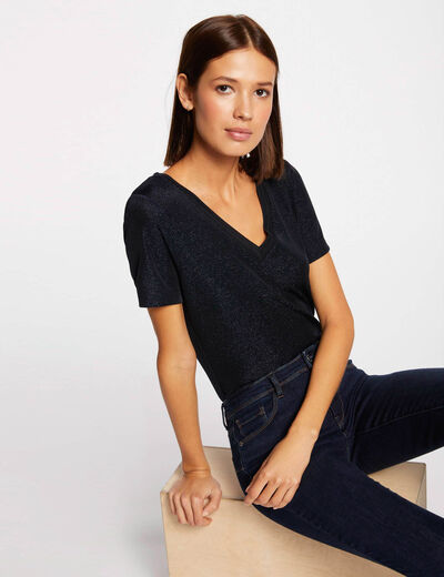 Camiseta manga corta con escote en V azul marino mujer