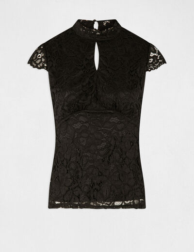 Camiseta manga corta de encaje negro mujer