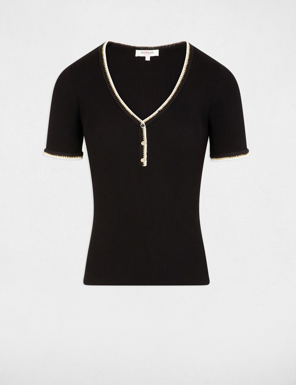 Jersey manga corta acanalado negro mujer
