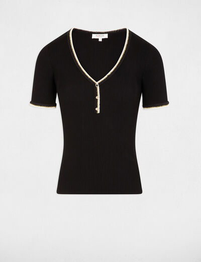 Jersey manga corta acanalado negro mujer