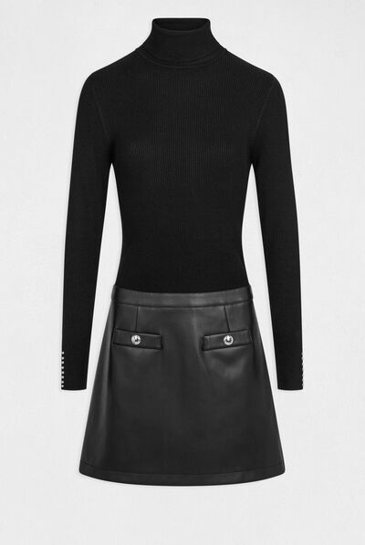 Vestido de punto ajustado efecto 2 en 1 negro mujer