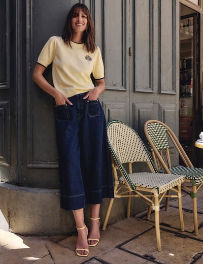 Pantal&oacute;n corto de tiro alto azul mujer