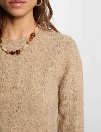 Jersey calado con cuello redondo beige mujer