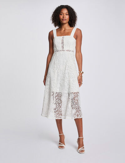 Vestido midi evasé encaje blanco mujer