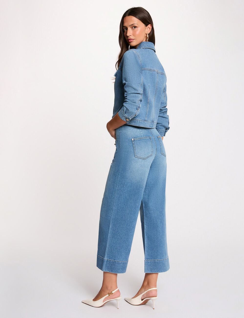 Jean ancho de tiro alto denim stone mujer