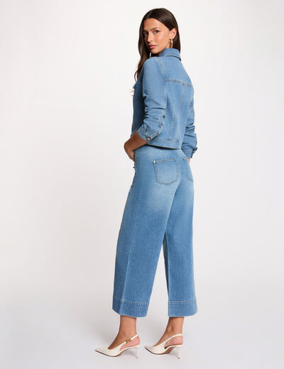 Jean ancho de tiro alto denim stone mujer