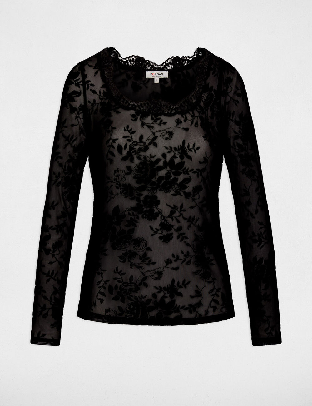 Camiseta encaje cuello coraz&oacute;n negro mujer
