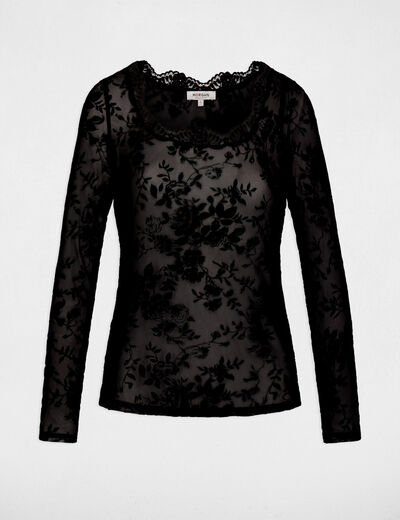 Camiseta encaje cuello coraz&oacute;n negro mujer