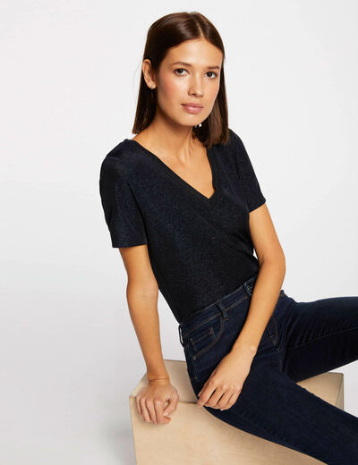 Camiseta manga corta con escote en V azul marino mujer