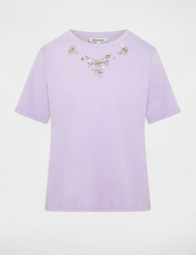 Camiseta de strass manga corta morado mujer