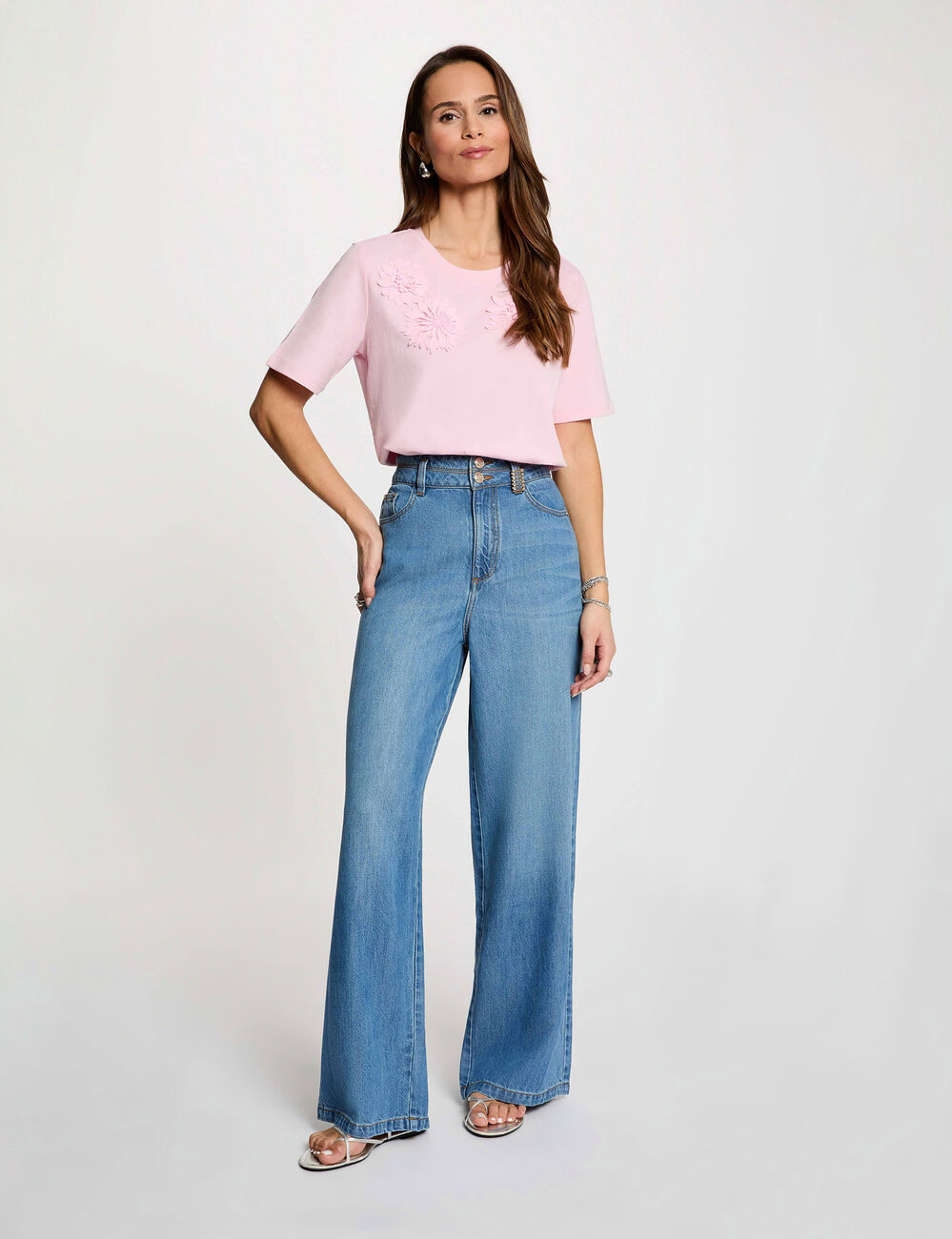 Camiseta recta cuello redondo rosa mujer