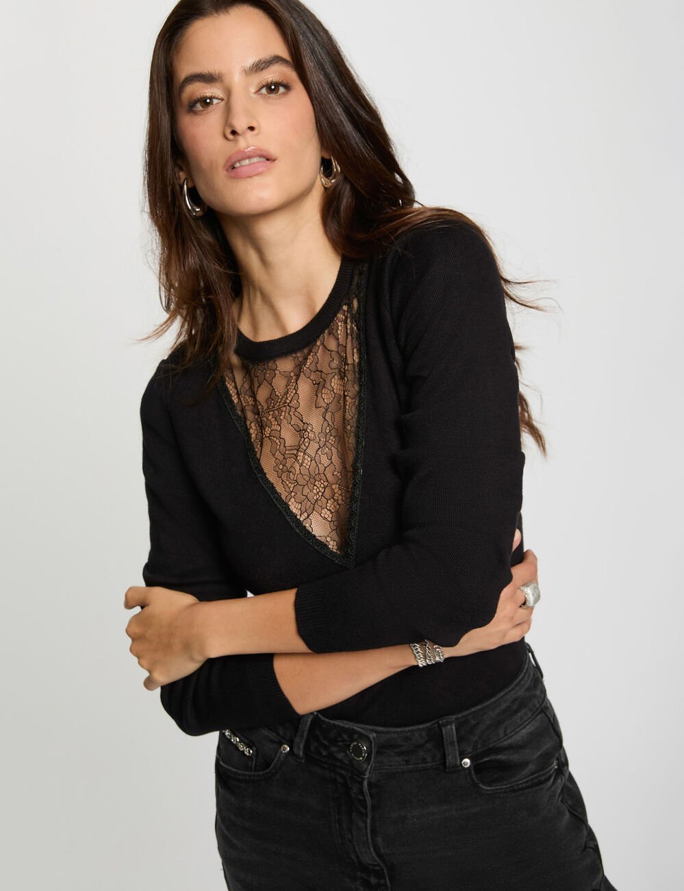 Jersey cuello redondo encaje negro mujer