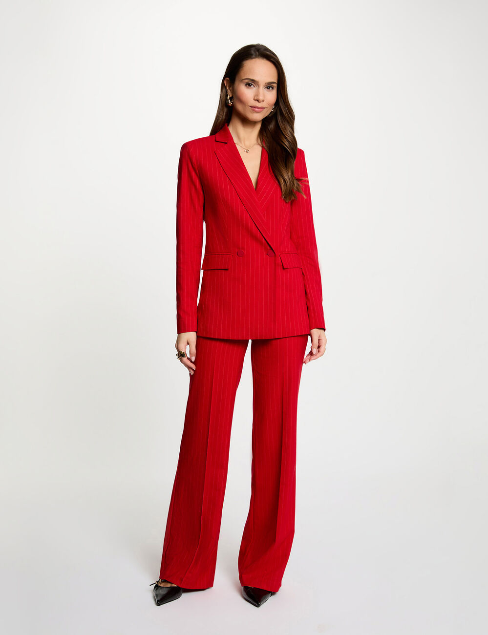 Pantal&oacute;n recto de tiro alto rojo mujer