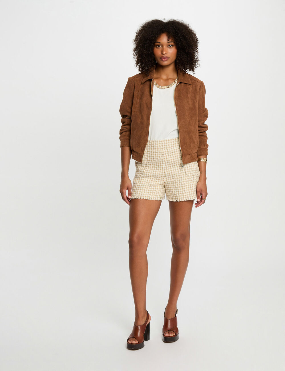 Chaqueta de antelina marrón coñac mujer