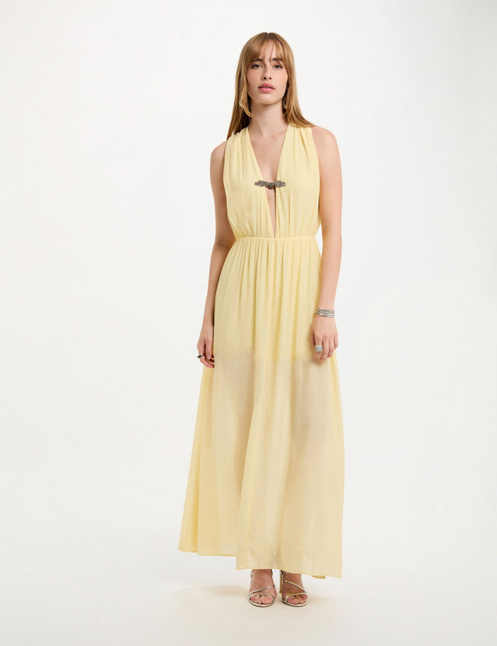 Vestido largo recto amarillo pastel mujer