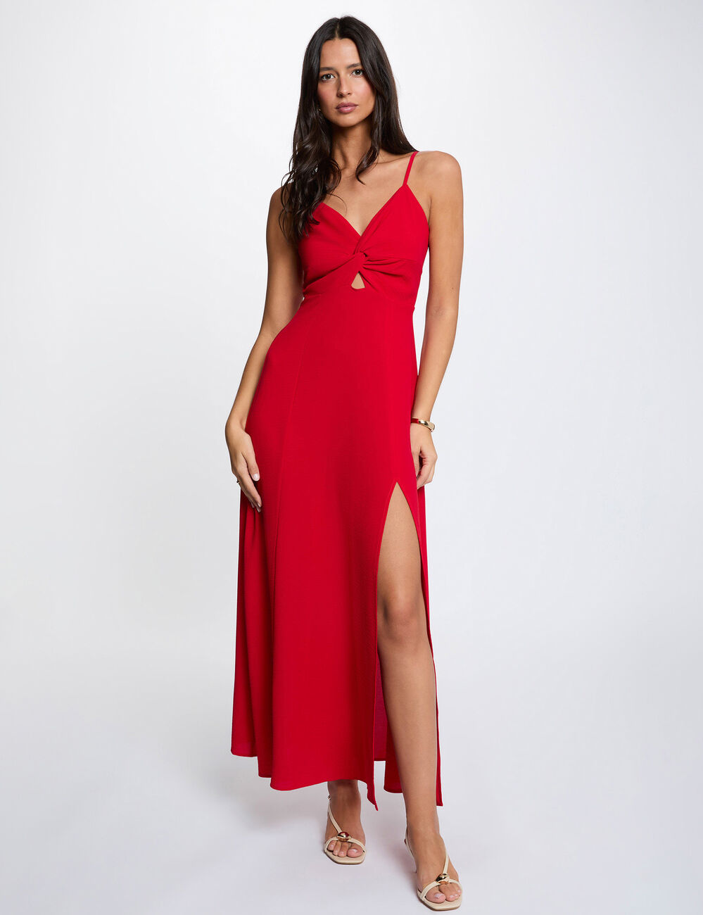Vestido largo recto abertura rojo mujer