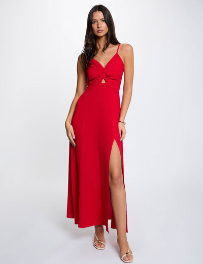 Vestido largo recto abertura rojo mujer