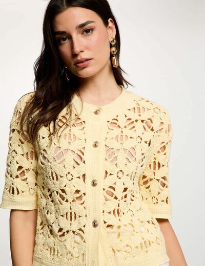 C&aacute;rdigan calado con cuello redondo amarillo pastel mujer