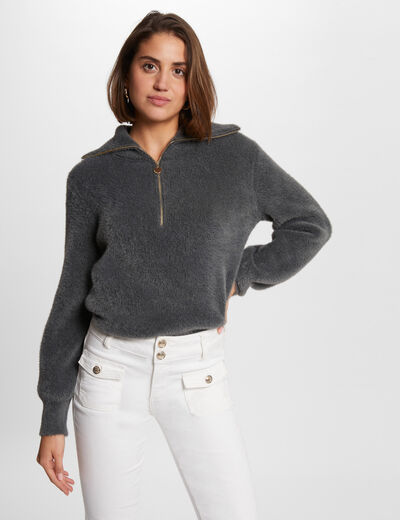 Jersey manga larga cuello con cremallera gris anthracite mujer