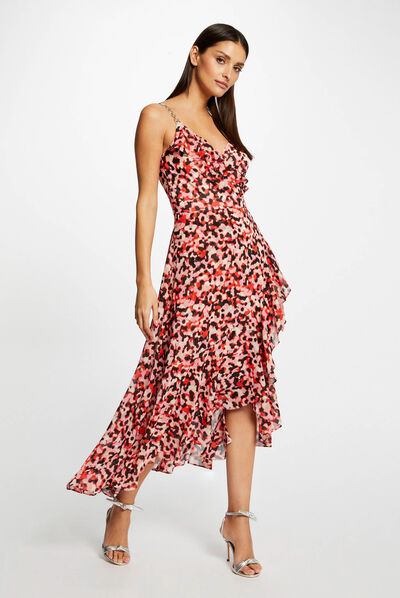 Vestido largo acampanado estampado rosa mujer