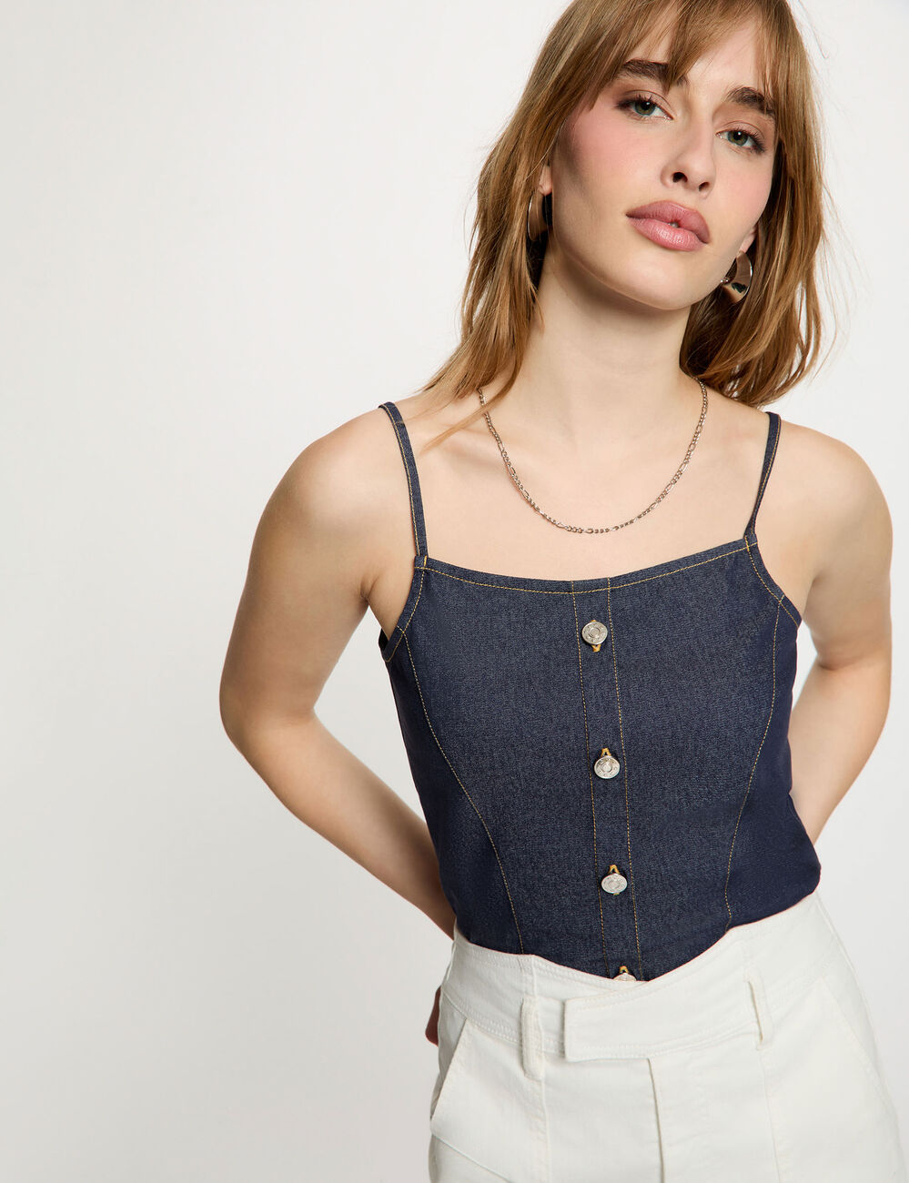Top ajustado de denim denim crudo mujer