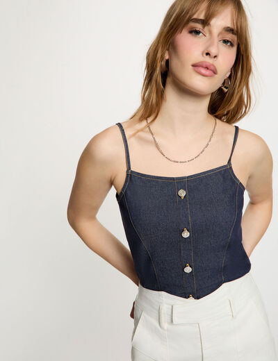 Top ajustado de denim denim crudo mujer
