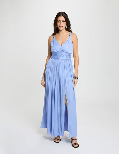 Vestido largo con cuello en V azul mujer